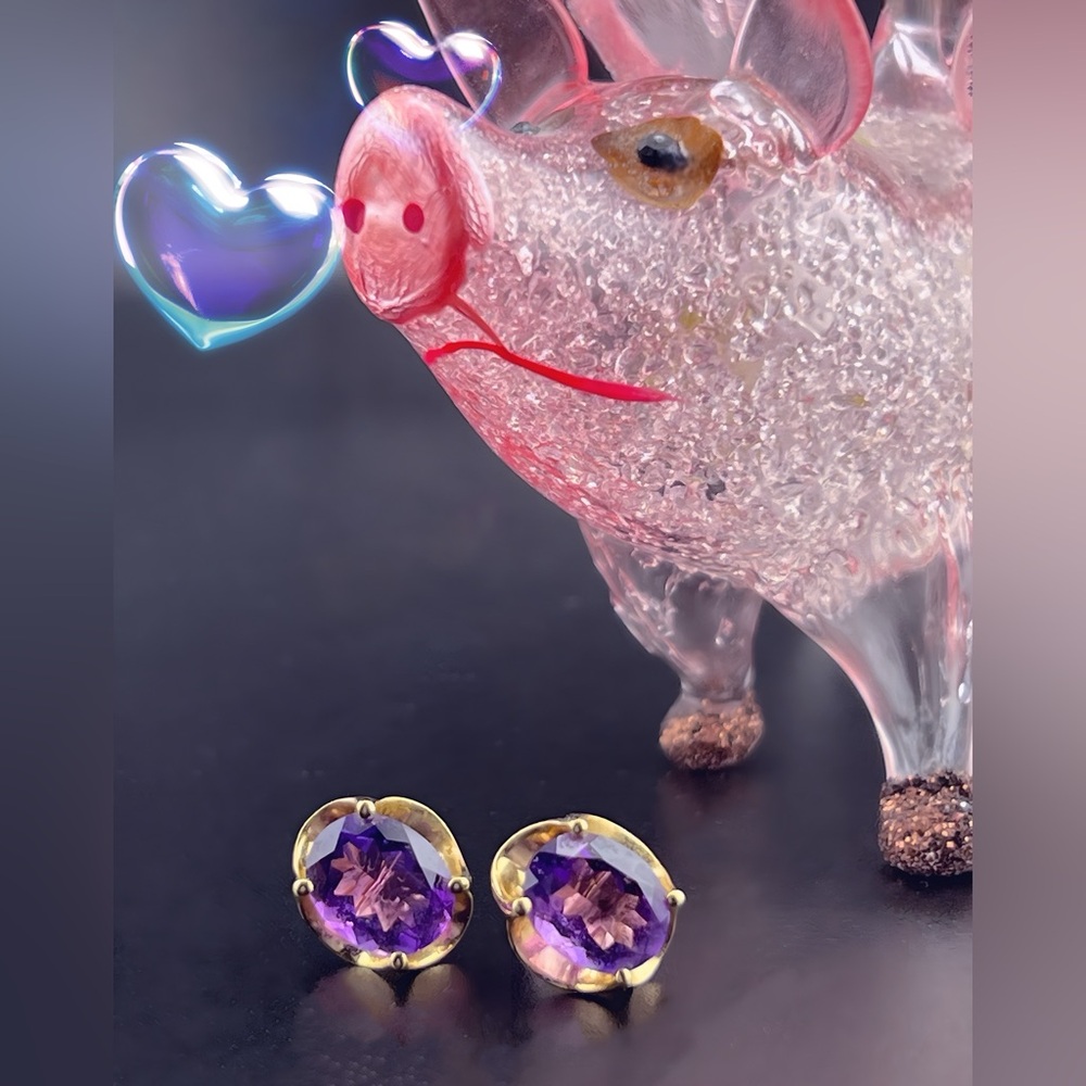 14K Gold Two Carat Oval Cut Amethyst Stud Earrings